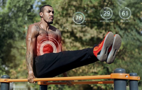 African American guy doing abs exercises on parallel bars at sports ground, collage with vital parameters on screen