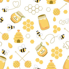 Bee honey seamless pattern Honey yellow template Beekeeping background Honey jar house spoon fly bee