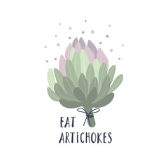 Stylized colored artichoke isolated on white background. Hand-drawn decorative lettering 