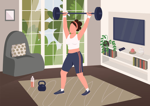 Weightlifting at home flat color vector illustration. Strong woman, amateur powerlifter working out 2D cartoon character with living room on background. HIIT, intense bodybuilding training