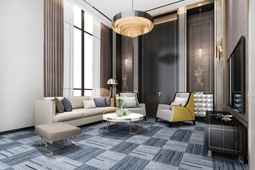 3d rendering classic luxury living room lobby lounge with chandelier and decor