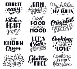 Food cooking lettering. Kitchen hand drawn typography lettering, food cooking recipes written phrases vector isolated icons set. Cook lettering hand drawn typography, written phrase illustration
