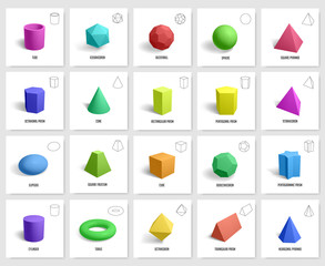 Realistic 3d geometric shapes. Basic geometry prism, cube, cylinder figures, geometric polygon and hexagon shapes vector illustration icons set. 3d cube shape geometric form