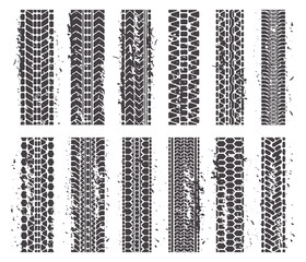 Tire marks. Car tire dirty grunge texture treads, automobile or motorcycle tire tracks texture. Sport tire tracks vector symbols set. Race dirty tread, rubber track tire silhouette illustration