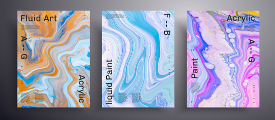 Abstract vector placard, texture pack of fluid art covers. Artistic background that applicable for design cover, poster, brochure and etc. Blue, pink and orange unusual creative surface template