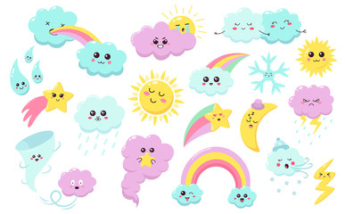 Hand drawn weather phenomena. Cute sun, clouds rainbow, weather characters, baby star, snowflake and wind lated vector symbols set. Sun and cloud weather, rainbow and rain doodle happy illustration