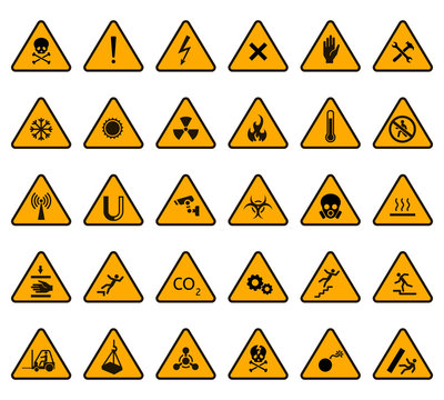 Warning signs. Caution attention warning yellow sign, danger high voltage and biohazard signs triangular vector icons set. Precaution safety danger, illustration security warning and beware