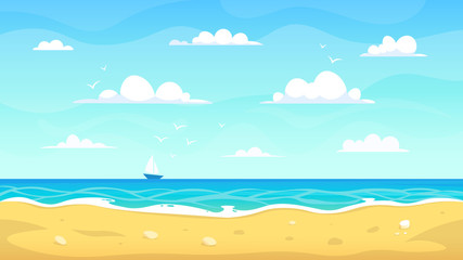 Cartoon beach landscape. Summer ocean sandy seashore, vacation tropical view, sea nature paradise landscape vector background illustration. Coast and seaside, shore outdoor, season summer
