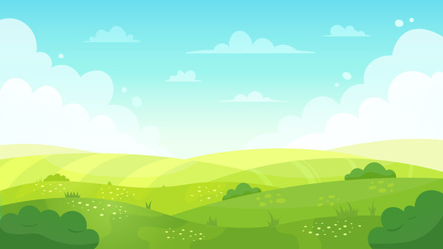 Cartoon meadow landscape. Summer green fields view, spring lawn hill and blue sky, green grass fields landscape vector background illustration. Field grass, meadow landscape spring or summer