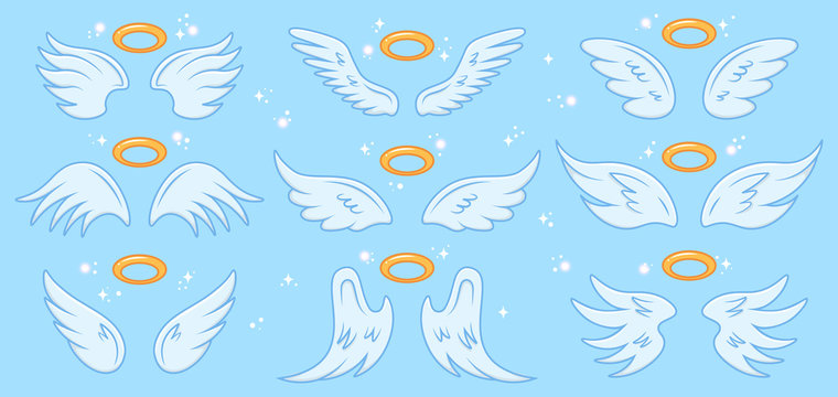 Angel wings. Cartoon angels wing and nimbus, winged angel holy sign, heaven elegant angel wings vector illustration icons set. Angel, wings with holy nimbus, symbol wing isolated