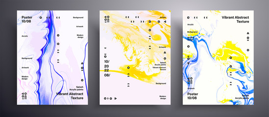 Abstract acrylic poster, fluid art vector texture pack. Beautiful background that applicable for design cover, invitation, presentation and etc. Yellow, blue and white creative iridescent artwork