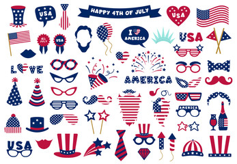 Photobooth USA patriotic props. Celebration photobooth mask, American glasses, mustache and hat, photo props vector symbols set. American party, mask booth independence holiday illustration - obrazy, fototapety, plakaty