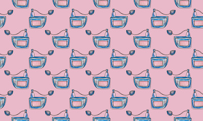 Seamless pattern with hand drawn perfume bottles. Beauty and fashion accessory