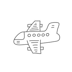 Cute airplane in doodle style Isolated on white background..Vectonic illsution black and white. Side view