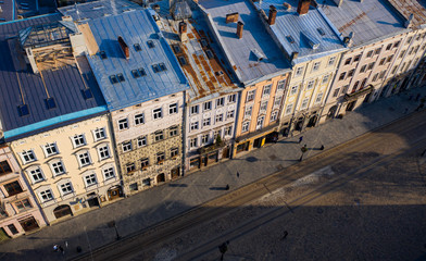 View on Lviv Market square from drone