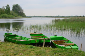 Three green boats on the grass bank of the river