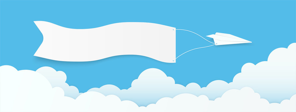 Plane paper and cloud speech bubble on blue sky. Copy space with white blank hanging. paper art vector illustration