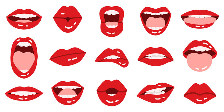 Cartoon lips. Girls red lips, beautiful smiling, kissing, show tongue, red lips with expressive emotions isolated vector illustration icons set. Mouth lipstick kiss, red glamour collection