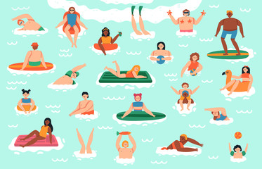 Sea swim characters. People ocean swimming, diving, surfing and sunbathing, vacation water activities vector illustration set. Summer vacation, summertime cartoon leisure