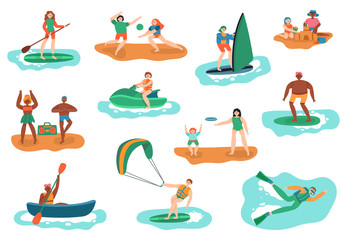 Sea outdoor activities. Water and beach sports, ocean diving, surfing and playing ball, people vacation recreation vector illustration set. Activity sport ocean, sea active leisure and swimming