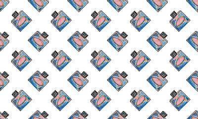 Seamless pattern with hand drawn perfume bottles. Beauty and fashion accessory