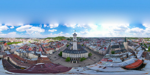 Fototapeta premium aerial view on Lviv city hall from drone