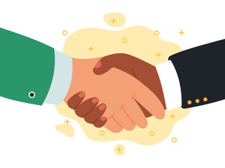 Handshake communication. Shaking hands partnership, business success agreement, teamwork, greeting or deal shake hands flat vector illustration. Professional greeting businessman, corporate deal