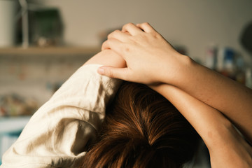 Unrecognized woman workout at home with Dumbbells medium closeup shot