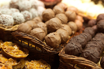 chocolate truffle balls on market counter