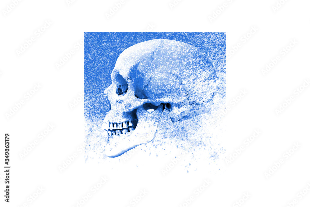 Poster blue square print with human skull and texture isolated on white