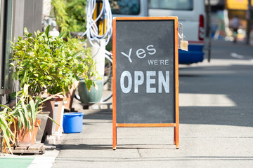 yes we're open sign , vintage restaurant sign , Open sign in street cafe