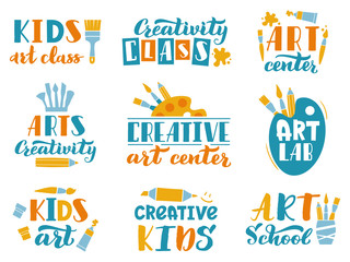Creative art lettering. Kids art class or studio handwritten labels, children creativity center calligraphic elements vector illustration set. Art center education, paint logo artistic school