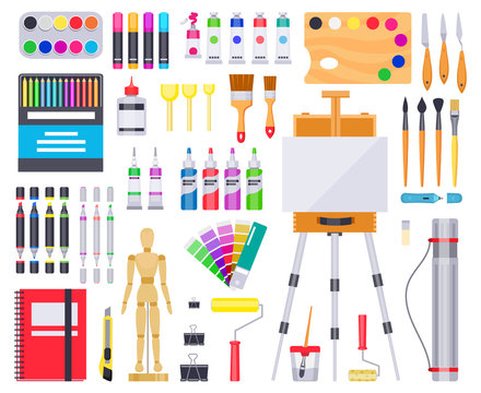 Art supplies. Painting and drawing materials, creative art tools, artistic supplies, paints, brushes and sketchbook vector illustration icons set. Art palette, paintbrush and education creativity