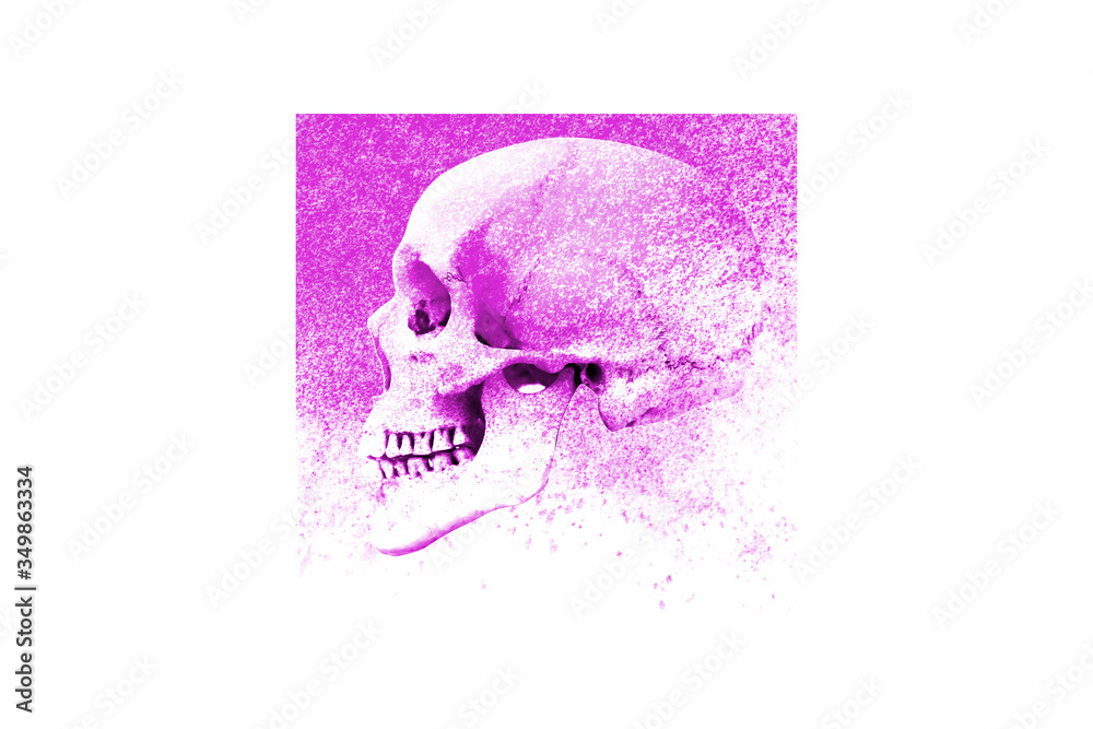 Poster pink square print with human skull and texture isolated on white background