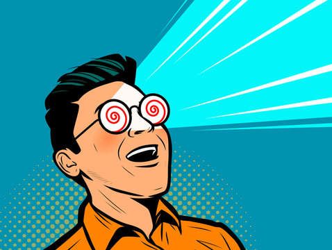 Enthusiastic man with glasses under hypnosis. Retro comic pop art vector illustration