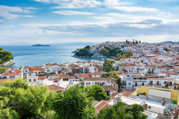 Fototapeta na wymiar The greek town of Skiathos seen from a hill on a sunny day. Ocean and harbour are visible in the background.