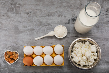 Rustic Breakfast with copyspace on a grey background