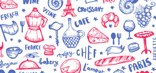 French background, france pattern frame, doodle hand drawn croissant, paris decoration, cafe banner