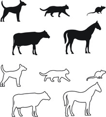 Domestic farm animals vector icon set, simple silhouette illustration design