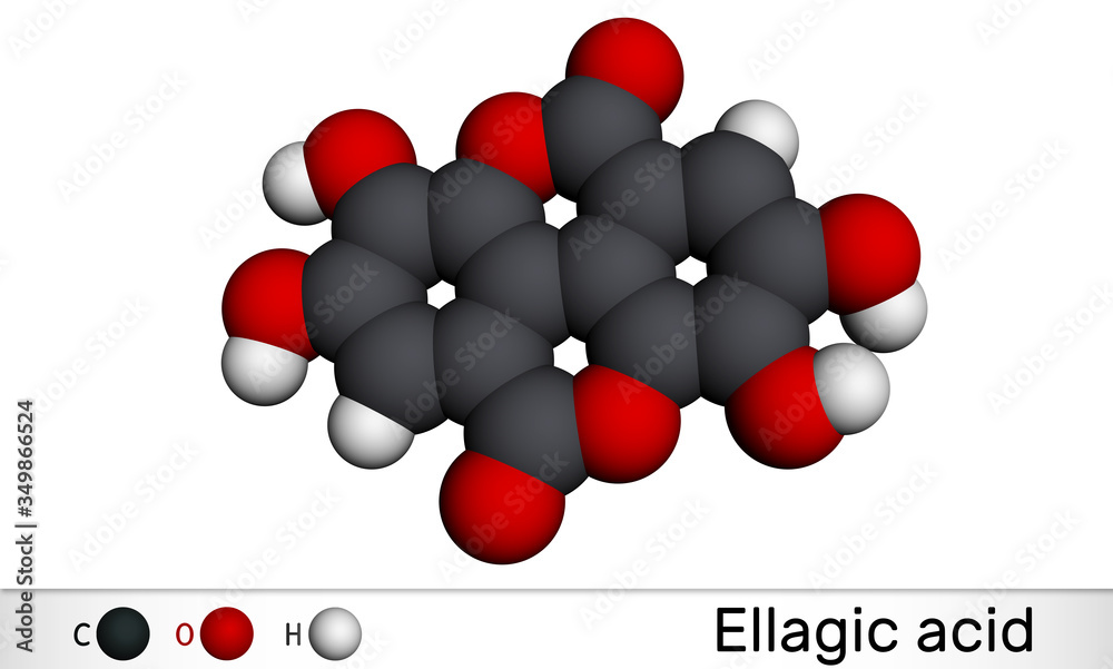 Sticker ellagic acid, c14h6o8 molecule. it is natural phenol antioxidant, dietary supplement. molecular mode