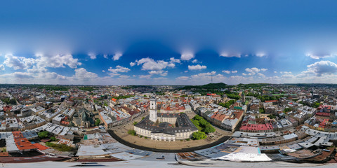 Fototapeta premium aerial view on Lviv city hall from drone