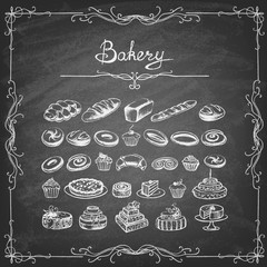 Vintage Bakery Poster. Freehand drawing on the chalkboard, bread and other pastries Retro vintage style food design. Vector illustration.