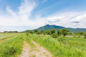 田舎の畦道と筑波山