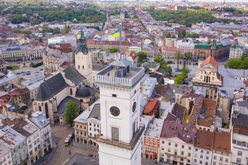 View on Lviv city hall from drone
