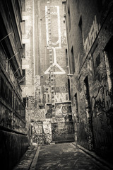 Street art in back alley, Melbourne, black and white