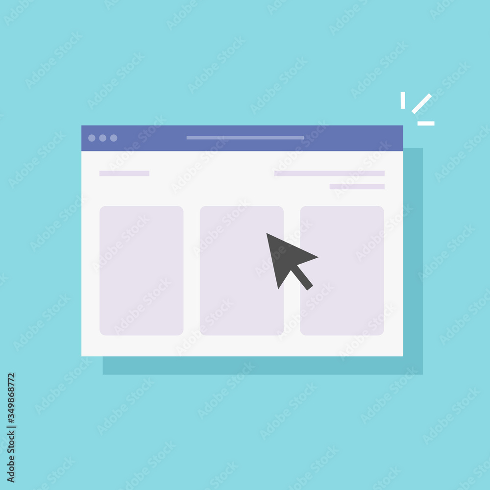 Poster website internet page in web browser window with mouse arrow click vector flat cartoon icon, illustr