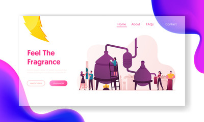 Cosmetic Perfumery Production Landing Page Template. Tiny Characters Create new Recipe Distilling Liquid in Apparatus for Essential Oil Extraction in Lab, Fragrance. Cartoon People Vector Illustration