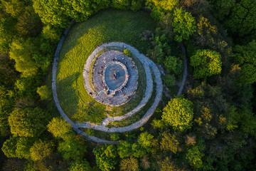 Aerial view on Union of Lublin Mound in High Castle Mountain in Lviv, Ukraine from drone - obrazy, fototapety, plakaty