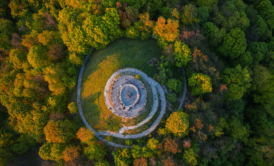 Fototapeta premium Aerial view on Union of Lublin Mound in High Castle Mountain in Lviv, Ukraine from drone