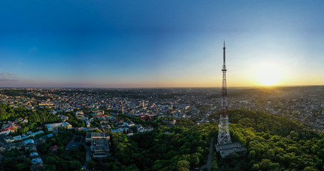 Aerial view on Television Tower in High Castle Mountain in Lviv, Ukraine from drone